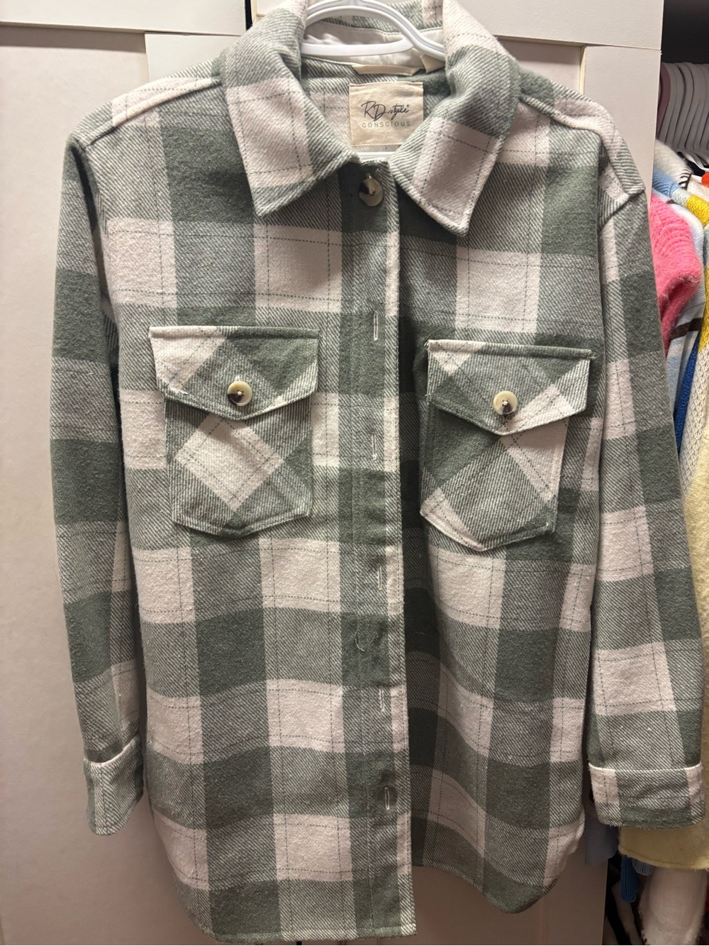 RD Style Green & Cream Plaid Button-Front Shacket